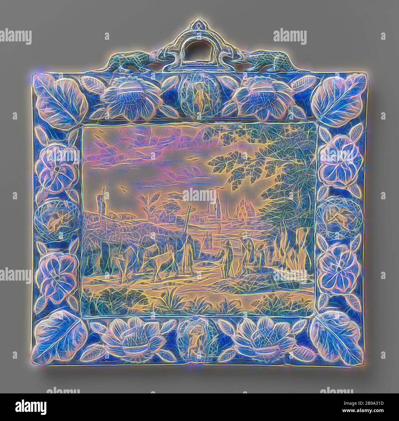 Two plates in frames, A plaque of Delftware, painted in blue with a landscape in a frame with embossed flowers, leaves and medallions. Brand: a big star, cattle driving, cattle driver, herding, herdsman, herdswoman, shepherd, shepherdess, cowherd, etc, landscapes in the temperate zone, De Witte Starre (attributed to), Delft, c. 1690 - c. 1705, earthenware, h 39 cm × w 37.5 cm, Reimagined by Gibon, design of warm cheerful glowing of brightness and light rays radiance. Classic art reinvented with a modern twist. Photography inspired by futurism, embracing dynamic energy of modern technology, mov Stock Photo