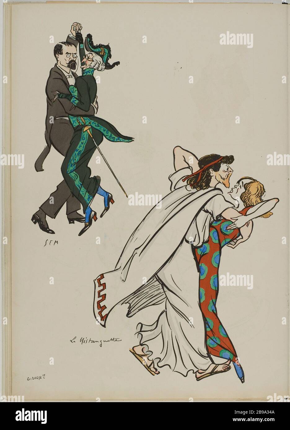 ALBUM TANGOVILLE-SUR-MER - TWO COUPLES: MINISTER LOUIS BARTHOU DANCE WITH UNIFORM academician, MONET-SULLY DANCE WITH MISTINGUETT UNDER THE LABEL 'LA MISTANGUETTE Sem (Georges Goursat, dit (1863-1934)/Jean Saudé. 'Album Tangoville-sur-mer - Deux couples : le ministre Louis Barthou danse avec une académicienne en uniforme, Mounet-Sully danse avec Mistinguett, sous l'étiquette 'la Mistanguette''. Lithographie en couleur. Paris, musée Carnavalet. Stock Photo