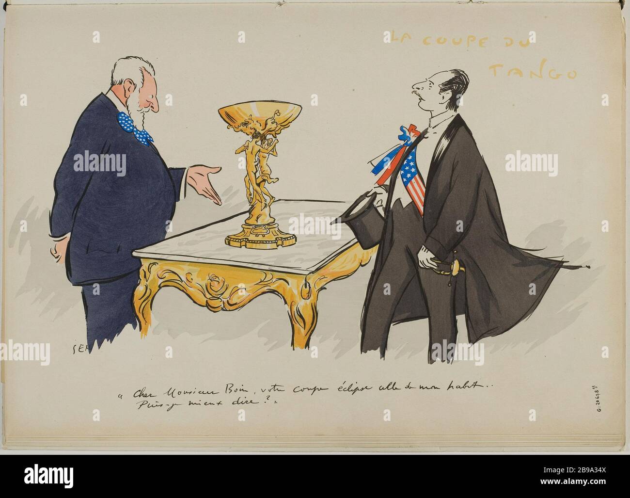 ALBUM TANGOVILLE-SUR-MER - CUP TANGO: A CUT ON A TABLE GOLDEN THRONE BETWEEN MR BOIN, ANTIQUE AND ANDRE DE FOUQUIERE, arbiter of elegance; 'DEAR SIR BOIN YOUR ECLIPSE COUPE THAT OF MY SUIT ... Sem (Georges Goursat, dit - 1863-1934)/Jean Saudé. 'Album Tangoville-sur-mer - la coupe du tango: une coupe dorée sur une table trône entre Monsieur Boin, antiquaire et André de Fouquière, arbitre des élégances ; 'cher Monsieur Boin, votre coupe éclipse celle de mon habit...''. Lithographie en couleur. Paris, musée Carnavalet. Stock Photo