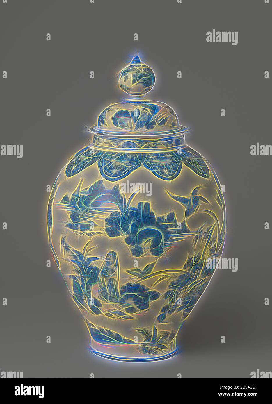 Lidded jar Pot with lid, painted in blue with bouquets, Chinese figures and a flying phoenix, Pot with lid, painted in blue on white ground with groups of Chinese, a flying phoenix and large flower bouquets, all of which are separate, unrelated and not done by cartouches when decorative elements are scattered over the convex surface. Everything in Chinese style derived from decorations on Chinese porcelain, but pieces from it and their own interpretation or processing: Chinoiserie, bunch of flowers, ornament, fabulous animals, birds: phoenix, anonymous, Delft, c. 1660 - c. 1670, h 47 cm d 37 c Stock Photo