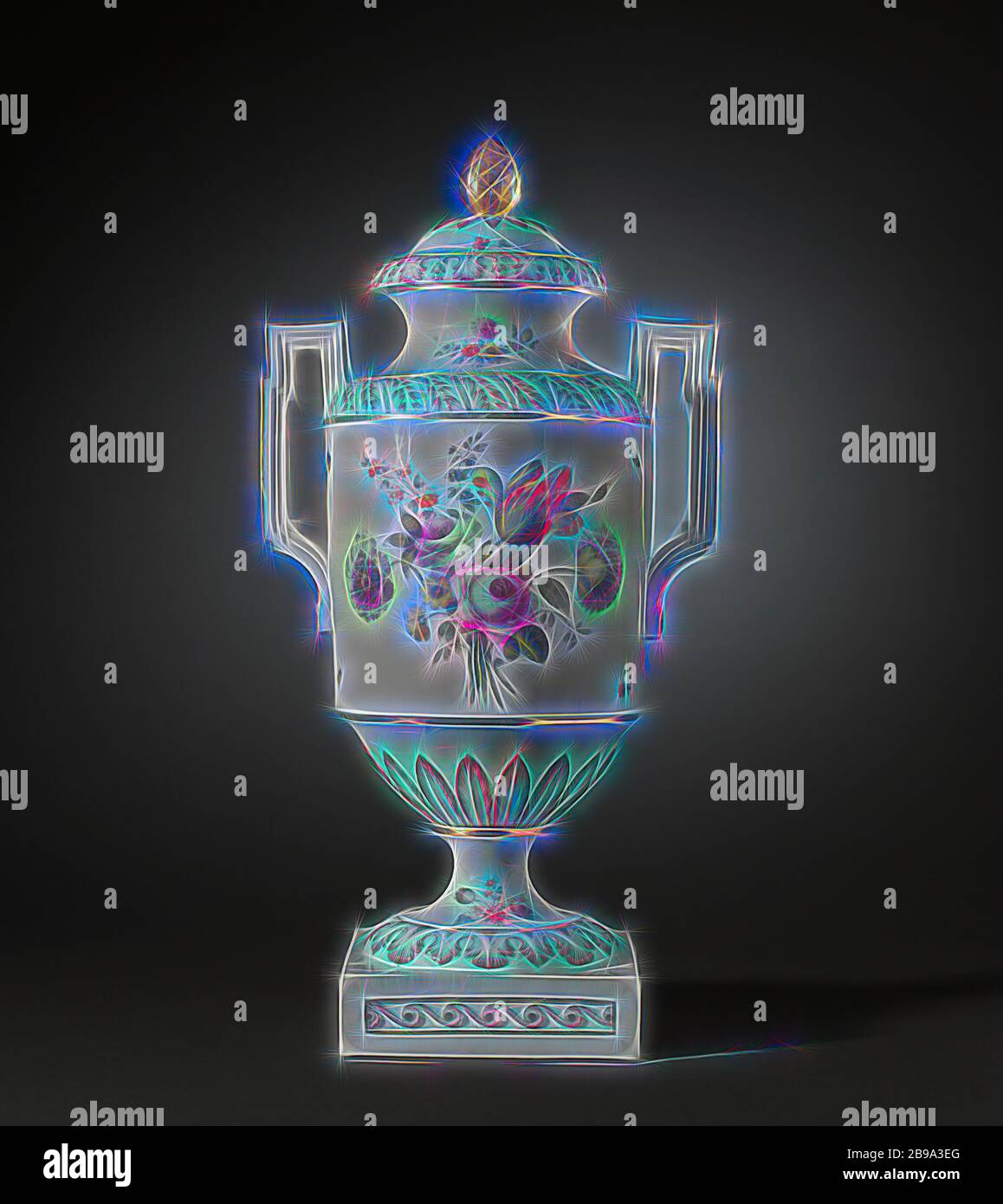 Covered vase with birds on a branch and bouquets, Porcelain covered vase on a spreading base ending in a square pedestal and with a cylindrical body with a round shoulder and narrowing towards the foot. Spreading neck with a flat edge and high, angular ears. Painted on the glaze in blue, red, pink, green, yellow, purple, black and gold. On the belly two birds on a branch in a landscape and a bouquet of different flowers. In between scattered flowers and insects. The narrowing part to the foot with a band with modeled raised leaf motifs in relief. The shoulder and the foot with the same decorat Stock Photo