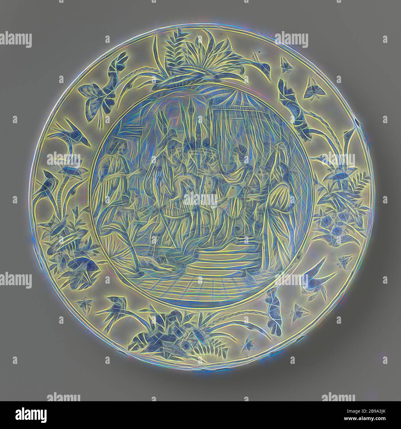 Saucer, painted with the judgment of King Solomon, Saucer of faience, painted blue in the glaze. On the shelf a representation of the Judgment of King Solomon. On the border flowers, butterflies and birds after a Chinese example, the judgment of Solomon (1 Kings 3: 16-28), Willem Jansz. Verstraeten (attributed to workshop of), Haarlem, c. 1655 - c. 1660, h 6.5 cm × d 38.7 cm, Reimagined by Gibon, design of warm cheerful glowing of brightness and light rays radiance. Classic art reinvented with a modern twist. Photography inspired by futurism, embracing dynamic energy of modern technology, move Stock Photo