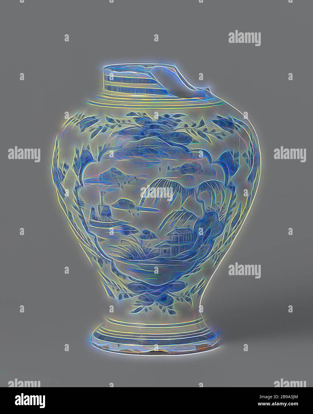Vase, Vase of faience, painted in blue in the glaze with a landscape after Chinese example., anonymous, Delft, c. 1760 - c. 1800, h 19 cm × d 14 cm, Reimagined by Gibon, design of warm cheerful glowing of brightness and light rays radiance. Classic art reinvented with a modern twist. Photography inspired by futurism, embracing dynamic energy of modern technology, movement, speed and revolutionize culture. Stock Photo