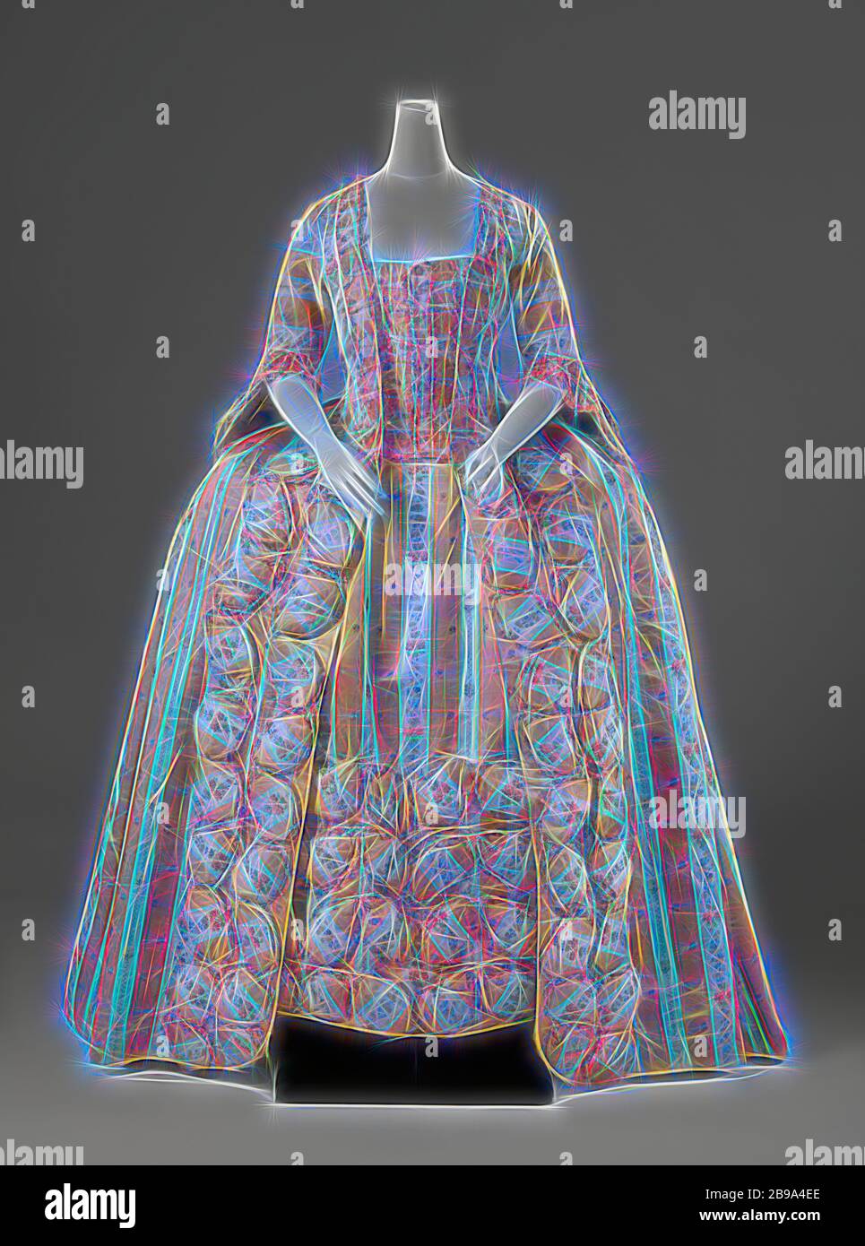 Skirt of a frock or robe à la française made of silk with vertical yellow  and white stripes and a multi-colored flower pattern with oval pouffes and  lined with a multi-colored chiné,