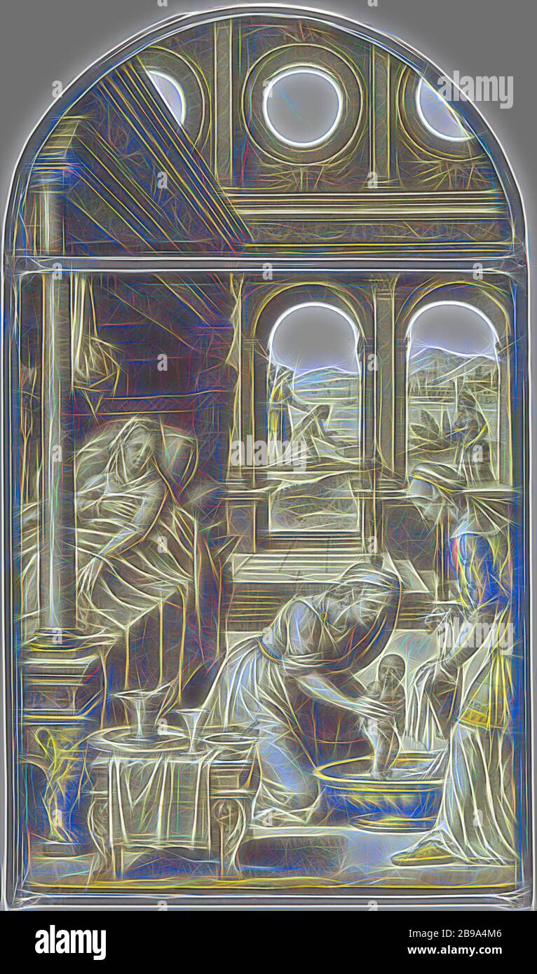Birth of Moses, The Birth of Moses (Exodus 2) consists of two parts. A rectangular glass panel with the main representation on it and a smaller panel with a round top on which the architecture of the large panel continues. On the left-hand side of the large panel, Moses' mother is in childbirth, on the right the baby is being washed. In the background the scene where Moses, hidden in a basket, is put in the Nile., Dirck Pietersz. Crabeth, Antwerp, c. 1550, glass, w 21.5 cm × h 37.2 cm, Reimagined by Gibon, design of warm cheerful glowing of brightness and light rays radiance. Classic art reinv Stock Photo