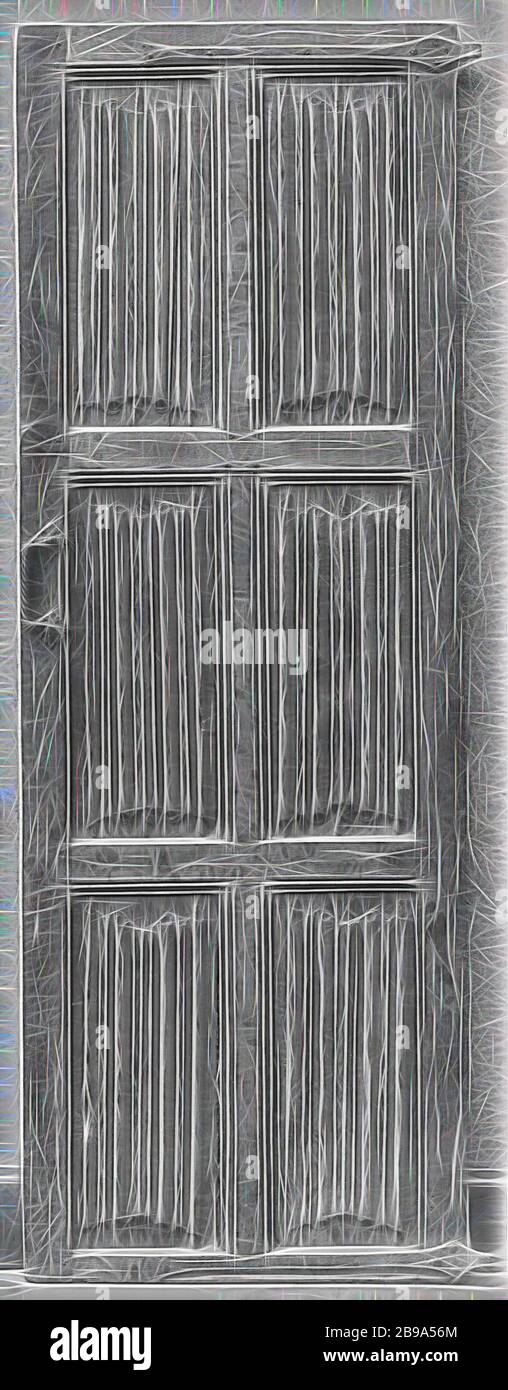 Door, through a partially profiled window divided into three pairs of standing rectangular panels with letter filling, Door of oak, through a partially profiled window divided into three pairs of standing rectangular panels with letter filling. A handle with twisted articulation and rosettes attached to the left-hand style and two handles on the upper and lower sill are made of forged iron., anonymous, Netherlands, c. 1500 - c. 1550, wood (plant material), oak (wood), iron (metal), h 179 cm × w 66.5 cm × d 5.5 cm, Reimagined by Gibon, design of warm cheerful glowing of brightness and light ray Stock Photo
