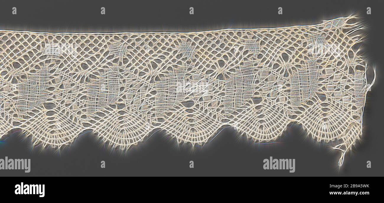 Strip of bobbin lace with zigzag and fan blades, Strip of natural-colored bobbin lace, lace-up. Symmetrical and in coarse thread. Short and wide zigzags, half matte and half blocked, are filled towards with butterflies with fan blades and on the inside with a chain of mail with spiders and cubes on them., anonymous, Le Puy-en-Velay (possibly), c. 1910 - c. 1930, linen (material), torchon lace, l 162 cm × w 7 cm ×, 3.5 cm, Reimagined by Gibon, design of warm cheerful glowing of brightness and light rays radiance. Classic art reinvented with a modern twist. Photography inspired by futurism, embr Stock Photo