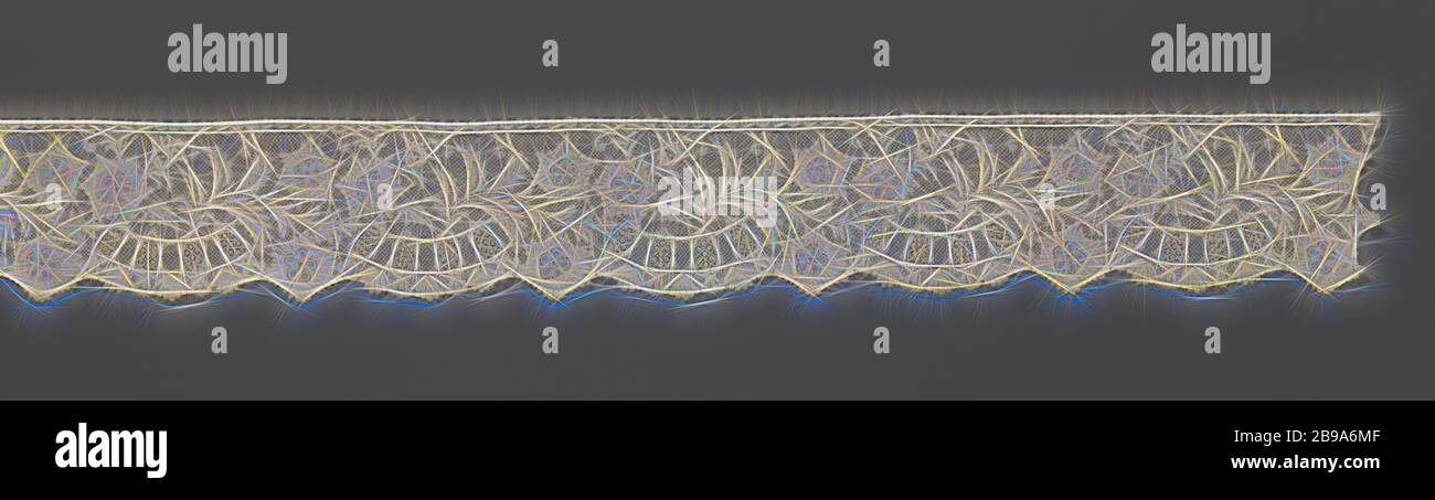 Strip of bobbin lace with goddess, A wavy branch with feathered leaves and three star-shaped flowers growing from right to left. One of the flowers is directed outwards and forms a small intermediate shell between larger ones, which are built up as a goddess arch or a piped collar with an open grid fill (needle edge). As a finishing touch to the fine mesh foundation (square meshes), a fine border of palm trees runs along the inside, applied as a lace head. Brabant Valenciennes side., Firma J. Minne-Dansaert, Brussels, c. 1880, linen (material), Brabant Valenciennes lace, l 520 cm × w 10.5 cm × Stock Photo