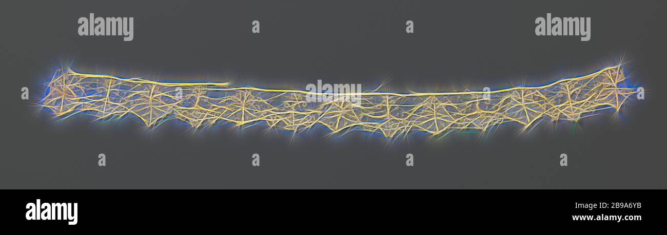 Strip of needle lace with ivy leaves, Large vine leaves of a standing straight twig are interspersed with ditto twig from which three violets hang downwards. Point de gaze de Bruxelles., anonymous, Brussels, c. 1850, linen (material), l 36 cm × w 3 cm ×, 6 cm, Reimagined by Gibon, design of warm cheerful glowing of brightness and light rays radiance. Classic art reinvented with a modern twist. Photography inspired by futurism, embracing dynamic energy of modern technology, movement, speed and revolutionize culture. Stock Photo