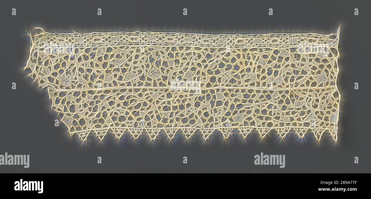 Doubled strip of needle lace with heart-shaped ribs, Strip of  natural-colored needle lace: flat Venetian lace. On a ground of regular  six-sided meshes there is a fine patt - Album alb4439663