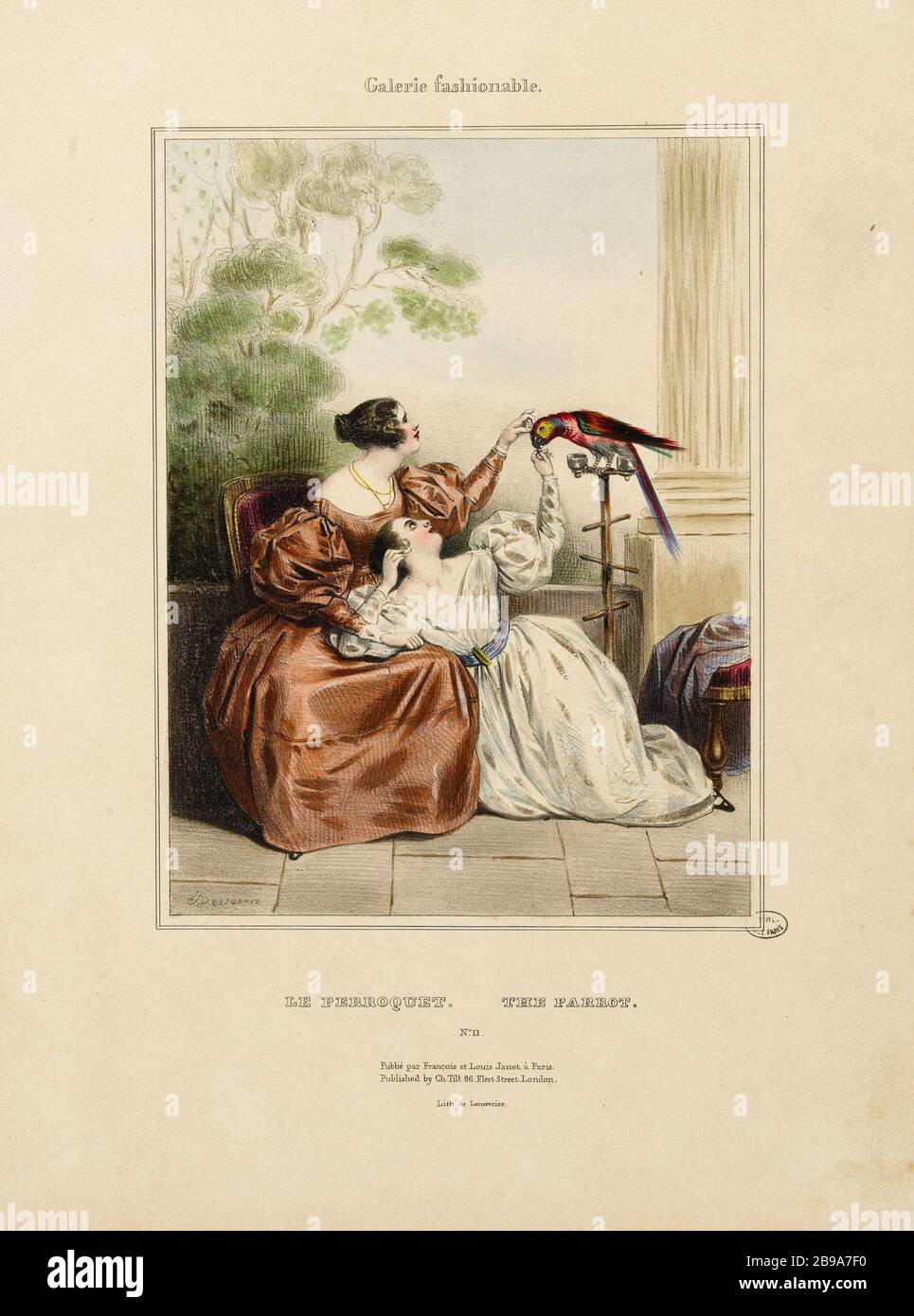 Fashionable Gallery: parrot Achille Devéria (1800-1857) et Rose Joseph Lemercier (1803-1887). Galerie Fashionable : le perroquet. 1832. Lithographie. Paris, musée Carnavalet. Stock Photo