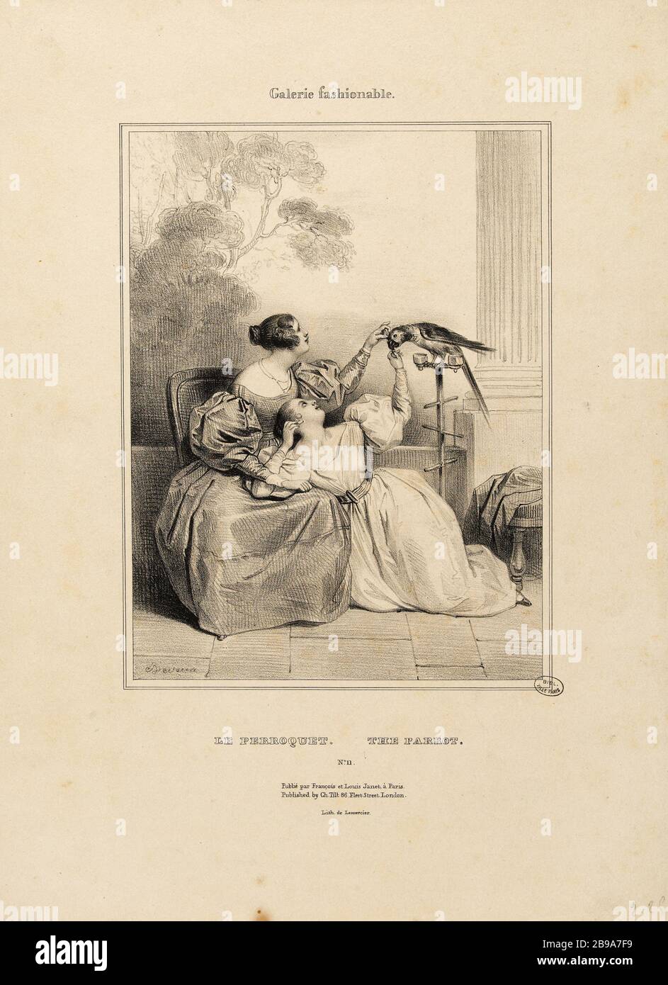 Fashionable Gallery: the parrot. Achille Devéria (1800-1857) et Rose Joseph Lemercier (1803-1887). Galerie Fashionable : le perroquet. Lithographie. Paris, musée Carnavalet. Stock Photo