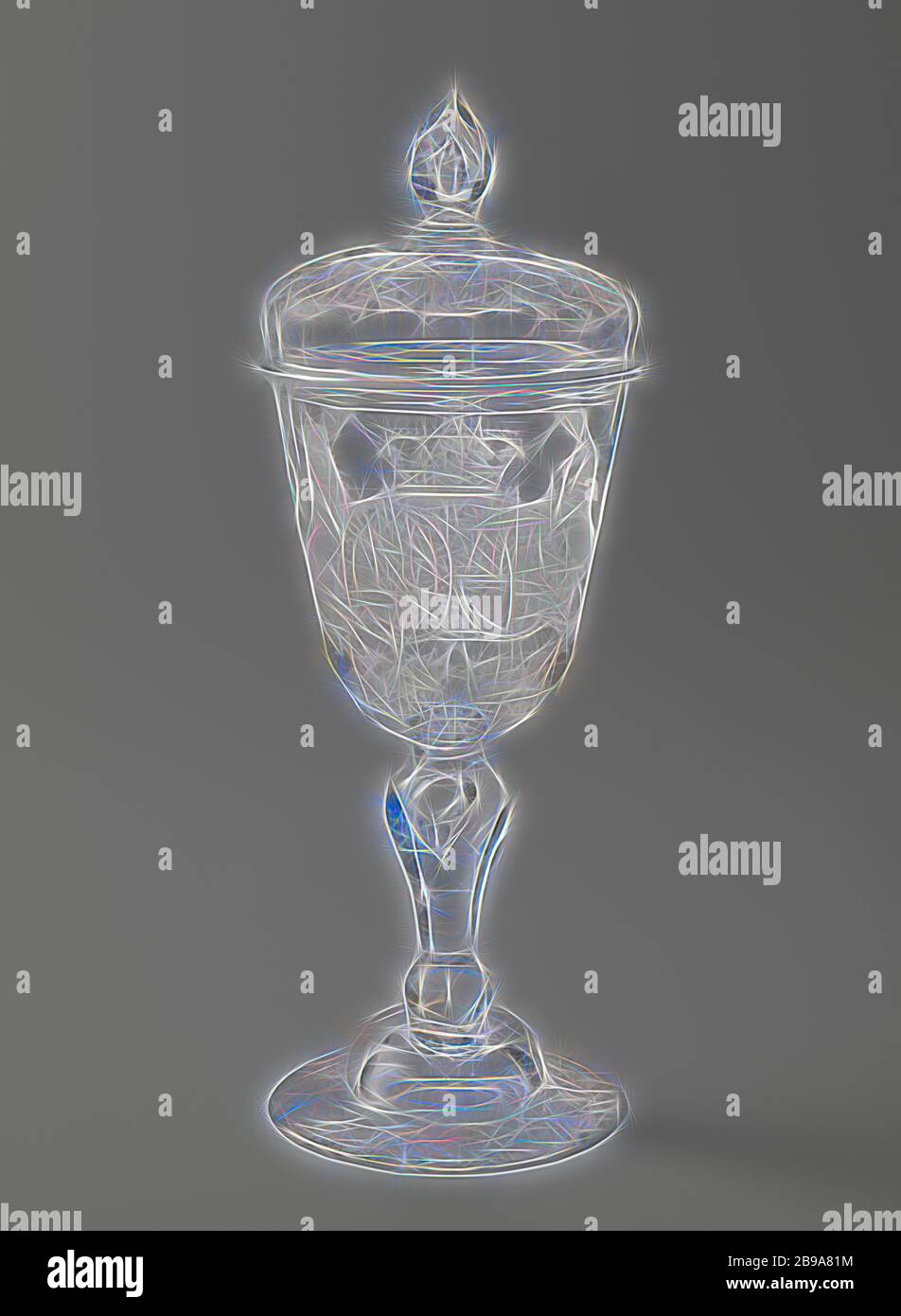 Lidded goblet with the alliance arms of William IV and Anne of Hanover Cup with lid, with the alliance weapon of Willem IV and his wife Anna van Hannover, Bell-shaped arched foot. Baluster stem with button and air bubble. On the one side the conical chalice the engraved coat of arms of Stadholder Prince William IV (1711-1751) and his wife Anna van Hannover (1709-1759) and the text HONI.SOIT. QUI.MAL.Y.PENSE. and JE MAINTIENDRAI 17-47. On the other side of the jar the weapons of the seven united provinces and the text UTRUPUS.IMMOTA.MARI STANDT FOEDERE JUNCTI. Base and cover engraved with flowe Stock Photo