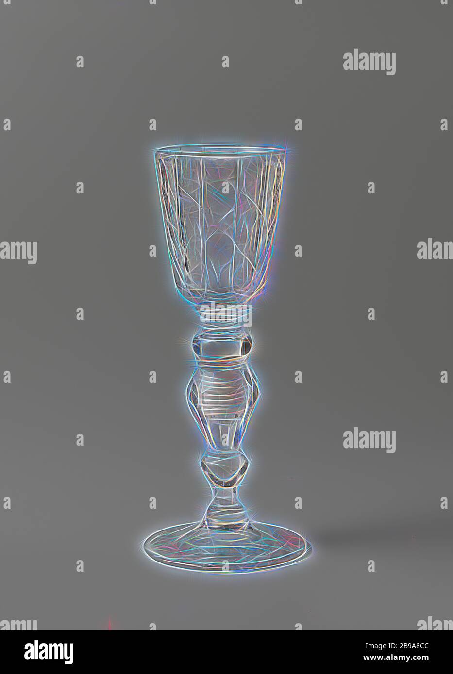 Cup with sunflowers, vines and circles, Vaulted foot. The trunk has a smooth and a facet-cut baluster, a knot and seven discs. Conical faceted cut with facet cut, rounded bottom. The trunk consists of two parts screwed together. At the bottom of the chalice a stylized leafy branch, on which three vertical bands, each composed of a strip of two sunflowers between two strips of grapes. The three bands are separated from each other by narrow strips with four circles. A continuous flower branch on the foot., anonymous, Bohemen, c. 1700 - c. 1725, glass, glassblowing, h 27.5 cm × d 11.3 cm, Reimagi Stock Photo