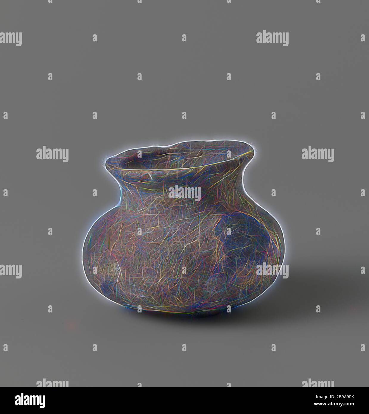 Pot, Pot with a round belly, constricted neck and bulging rim., anonymous, c. 1400 - c. 1950, earthenware, h 8 cm × d 11 cm, Reimagined by Gibon, design of warm cheerful glowing of brightness and light rays radiance. Classic art reinvented with a modern twist. Photography inspired by futurism, embracing dynamic energy of modern technology, movement, speed and revolutionize culture. Stock Photo