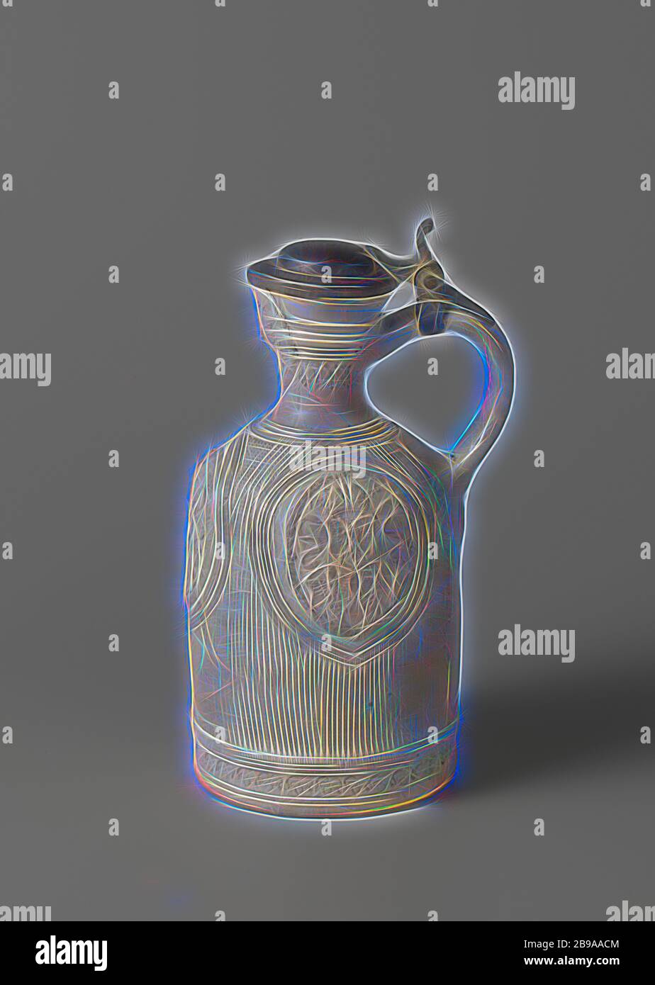 Jug with three coats of arms in medallions, Stoneware jug on a stand surface with a cylindrical body, round shoulder and narrow neck with pinched spout. The C-shaped ear is attached to the neck and shoulder. Profiles on the neck, shoulder and abdomen. The belly is covered with horizontally incised lines. Three times a engraved medallion with a printed and imposed medallion with three weapons (State Coat of Arms, family crest Von Merlan and the coat of arms of the city of Nuremberg) and the date '1596' were saved. Just above the foot a stamped band with leaf motifs. A mask embossed on the neck. Stock Photo