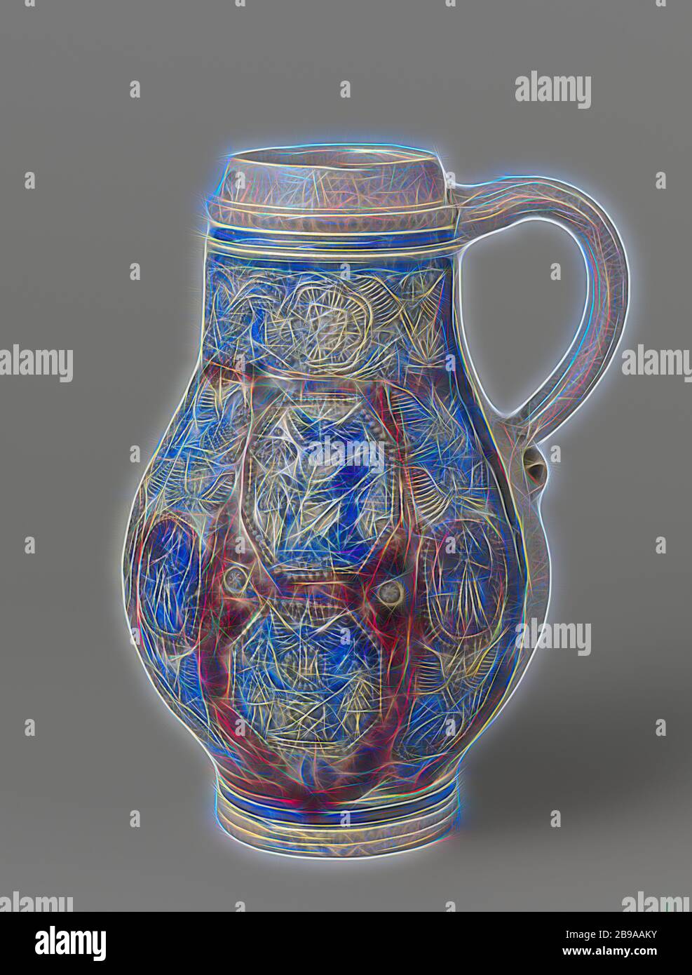 Jug with medallions, birds and flowers, Stoneware jug on stand ring with a pear-shaped body and wide neck. The C-shaped ear is attached to the neck and shoulder. Profiles on the neck and foot. Partially covered with cobalt blue and manganese purple. The front of the belly with various printed and imposed decorations embossed. Four times an octagonal medallion with the inscription 'IHS' surrounded by two men, an angel and a heart. These medallions are interspersed with five times a vertical band with angels, a bird and a medallion with Justitia. On the neck a horizontal band with angels and flo Stock Photo