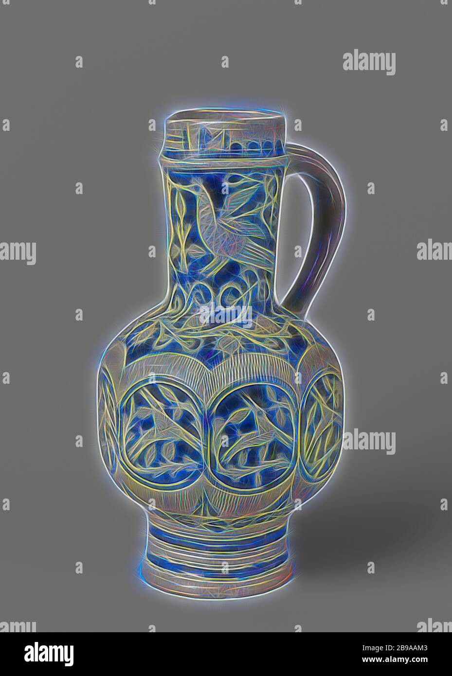 Jug with birds, hers and floral scrolls, Can of stoneware on high feet with a spherical, octagonal belly and long neck with a pinched spout. The C-shaped ear is attached to the neck and shoulder. Some profiles on the neck and foot. Partially covered with cobalt blue. On the belly eight medallions surrounded by a pressed zigzag line (knibis) and decorated with a hare between leaf vines. Two birds on the shoulder and neck between flower vines. Above the foot a band with stylized, stamped flowers. The incised letters 'HM' on the spout. Lahntal, Westerwald., anonymous, Lahntal, c. 1740 - c. 1760, Stock Photo