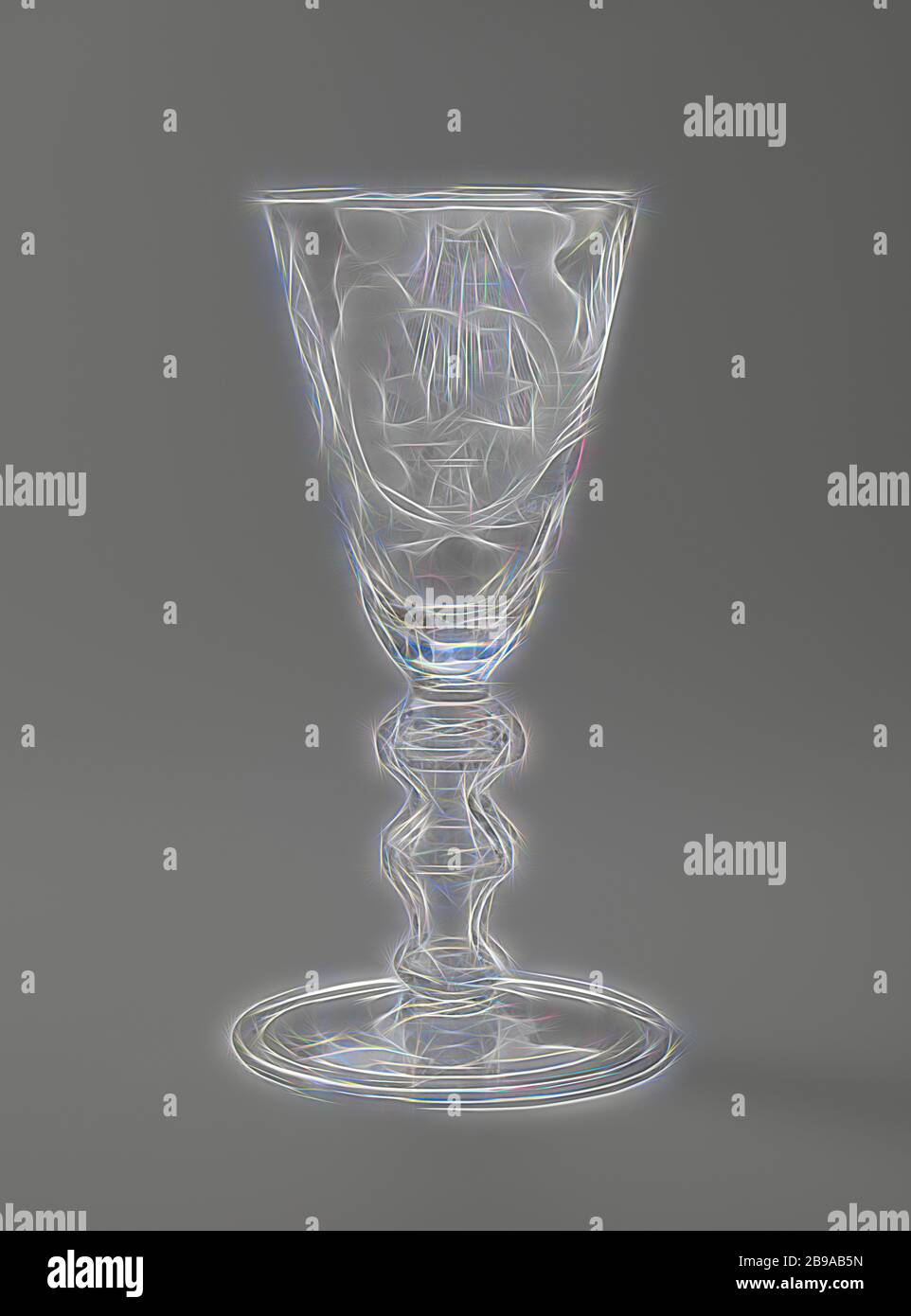 Marriage glass, Goblet with a man and a woman at an altar and the inscription: GOD'S LOVE FLAME FEED OUR STEM, Flat foot. Faceted baluster stem with knots and a bubble. On the conical cup on one side a winged heart that holds two hands above an altar. Around it a snake that bites its tail, above it the name of God. On the other side a man and a woman reach out to each other above an altar with XXV on it, a tree on top, a winged heart above it. Around it a snake that bites its tail. Furthermore crossed palm and laurel branches and a banderole with the inscription: GOD'S LOVE FLAME FEED OUR STEM Stock Photo