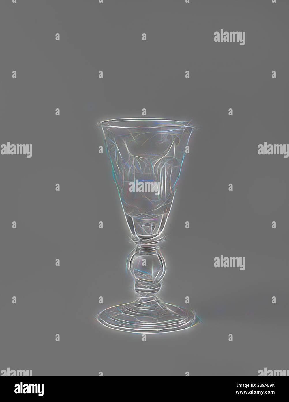 Chalice with an enclosed coin and monogram RGB, conical foot with folded rim. The trunk composed of a hollow knot between two composite flat knots. The button contains a silver coin by George Louis of Brunswijk-Lüneburg (1660-1727), dated 1714. The funnel-shaped chalice with thickened bottom and air bubbles. On the chalice the crowned monogram RGB flanked by two laurel branches tied together at the bottom. On the other side, on a grassy ground, two lions support a crown with a front leg and with the other a double-headed, coiled snake., anonymous, in or after 1714 - c. 1725, glass, munt, glass Stock Photo