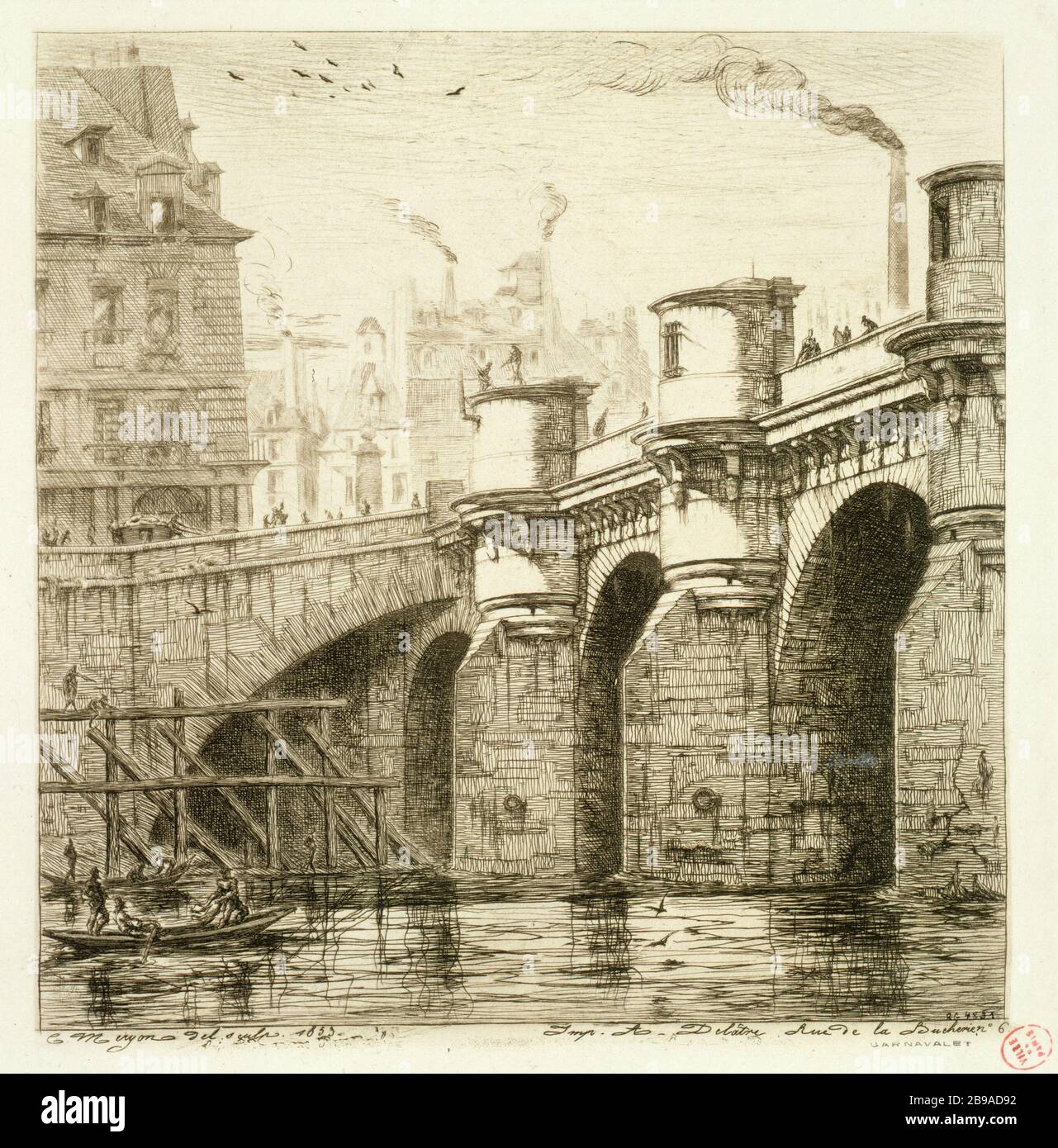 BRIDGE NINE IN 1853 Charles Méryon (1821-1868). 'Le Pont-Neuf en 1853'. Eau-forte. Paris, musée Carnavalet. Stock Photo