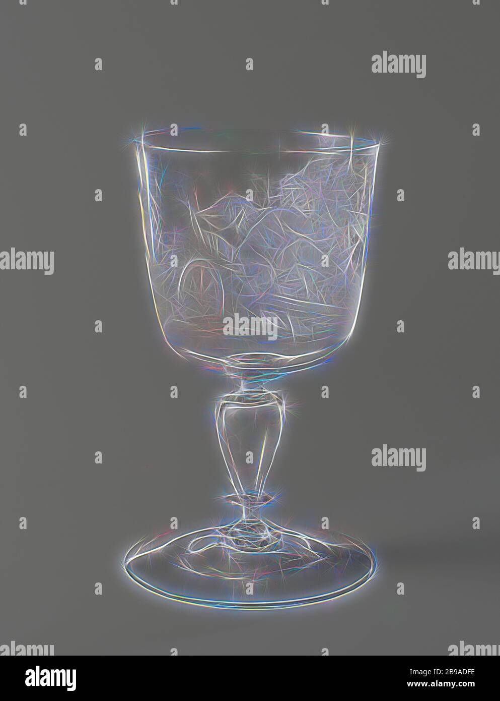 Wine glass Chalice with engraved representations of Bacchus, Flat base. Hollow, baluster-shaped trunk with three discs. Slightly flared, rounded-down chalice, engraved with Bacchus on a barrel with a drum beside it, the methamorphosis by Bacchus of Ampelus in a vine and a putto with a horn of plenty sitting on a plow, Ampelus changed into a vine: after having fallen to his death from a bull, Ampelus, the favorite of Bacchus, has changed into a vine, 'Cornucopia', Horn of Plenty, cupids: 'amores', 'amoretti', 'putti', anonymous, c. 1650 - c. 1675, glass, glassblowing, h 15.2 cm × d 8.5 cm d 8.9 Stock Photo