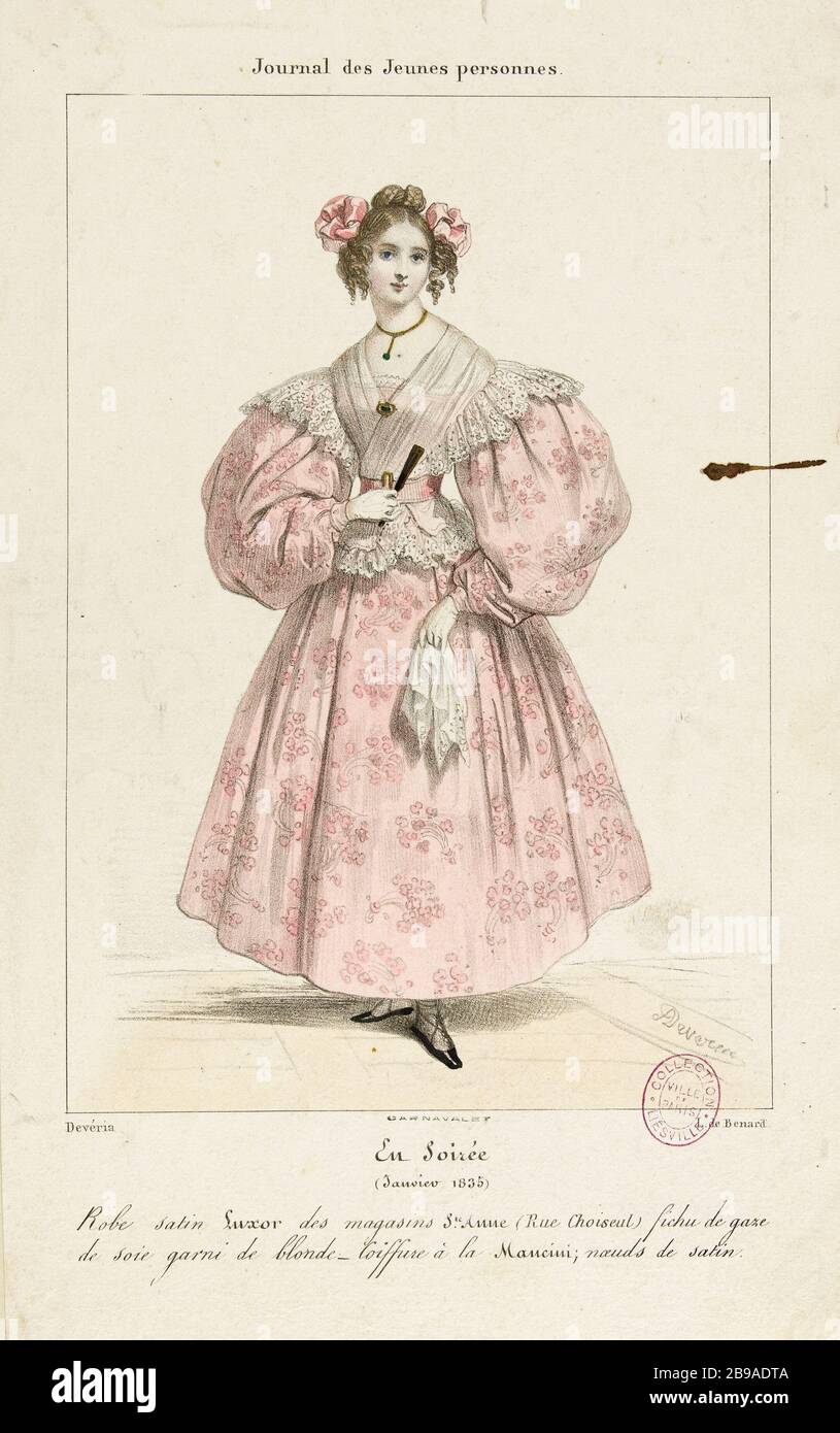 In the evening. Achille Devéria (1800-1857). En Soirée. Lithographie aquarellée, 1835. Paris, musée Carnavalet. Stock Photo