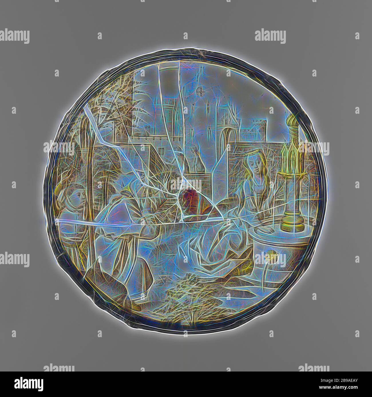 Window pane with Suzanna and the old men, Round stained-glass pane in  grisaille and silver-yellow with a depiction taken from the Suzanna legend.  Suzanna kneels at a water source, two elders approach