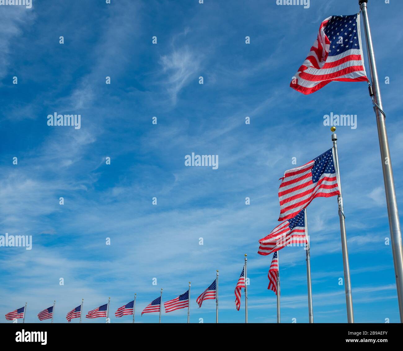 United States of America (USA) flags with blue sky at the background