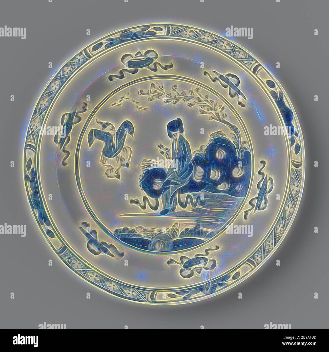 Dish with decoration in blue, Dish of soft paste porcelain, with decoration in blue on white ground: geometrically decorated border, between which borders with leaves. Inside a border with Chinese emblems, in the flat, within a double circle, a Chinese landscape with a woman and a 'fool'. Three grass blades on the outside., anonymous, Bow, c. 1750 - c. 1800, soft-paste porcelain, h 2.5 cm × d 16.5 cm, Reimagined by Gibon, design of warm cheerful glowing of brightness and light rays radiance. Classic art reinvented with a modern twist. Photography inspired by futurism, embracing dynamic energy Stock Photo