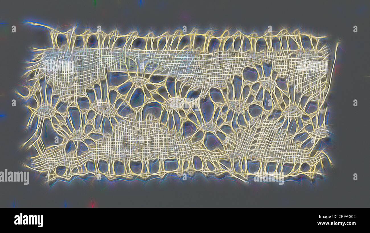 Strip of bobbin lace with pointed oval in openwork zigzag band, Strip of natural-colored bobbin lace, lace. The repetitive and continuous pattern consists of an open-worked zigzag band in which pointed oval shapes are made between crossing pairs. The triangular fields that form along the top and bottom of the zigzag band are made in linen. The top and bottom of the strip are straight finished, both with picots., anonymous, Buckingham, c. 1800 - c. 1899, cotton (textile), torchon lace, l 7 cm × w 3.5 cm ×, 3 cm, Reimagined by Gibon, design of warm cheerful glowing of brightness and light rays r Stock Photo