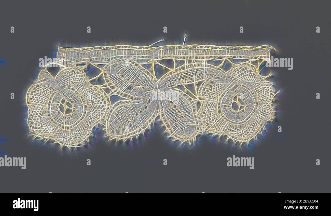 Strip of bobbin lace with three-lobed leaves between two rosette flowers, Strip of natural-colored bobbin lace: fine Bruges floral arrangement. The pattern consists of a three-lobed leaf between two rosette flowers. The motifs are attached to a straight band at the top and connected to each other by a few painted braids. The straight band and the tri-lobed leaf are made in linen, with contour threads within the openwork edges and with cut-outs like leaf veins. The petals of the rosette flowers are made in net strokes with contour threads and the flower hearts are made in linen strokes, with on Stock Photo
