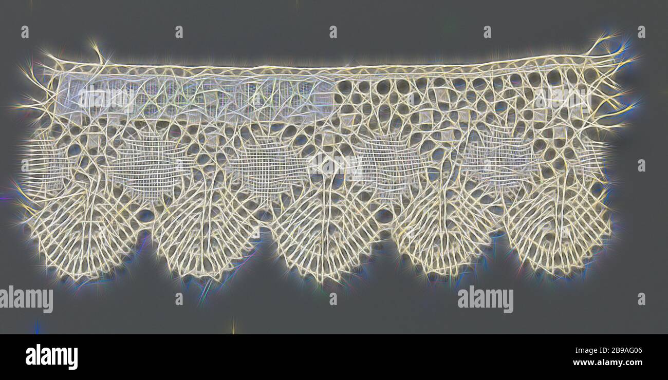 Strip of bobbin lace with diamonds between fan-shaped scallops, Natural-colored bobbin lace, sling side. The repeating pattern consists of fan-shaped shells placed against each other along the underside of the strip. One pane is always placed above the shell edge in the space between the impellers. The windows are made of linen and are connected to each other at the top of the strip by a lattice ground: a straw lattice ground. The ground is decorated with square sleeves, made in shape. There are always four bars in a diamond-shaped configuration between the windows. The top of the strip is fin Stock Photo