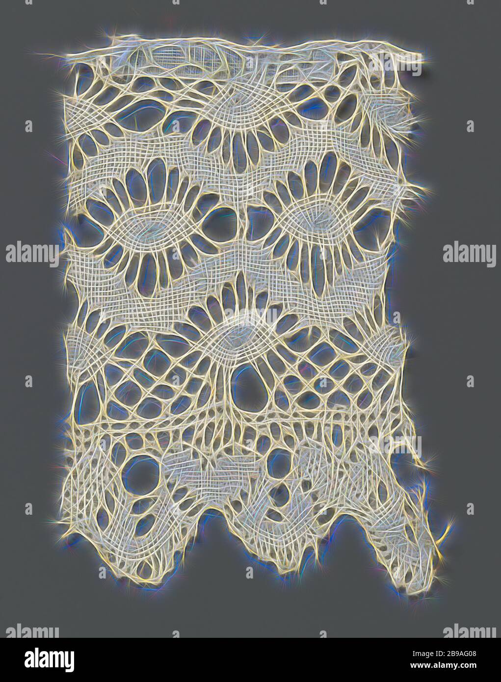 Strip of spool lace with pointed oval around double zigzag line, Natural spool of lace strip: lace. The repeating pattern consists of a double zigzag line between which a chain of interconnected diamond-shaped fields is created. In each field there is always one pointed oval, which is connected to the zigzag lines with crossing pairs. There is also one pointed oval in the corners below and above the lines. These pointed ovals are interconnected with a lattice ground: a rough straw lattice ground. Along the underside of the strip a scalloped edge is formed by an alternation of a heart-shaped mo Stock Photo