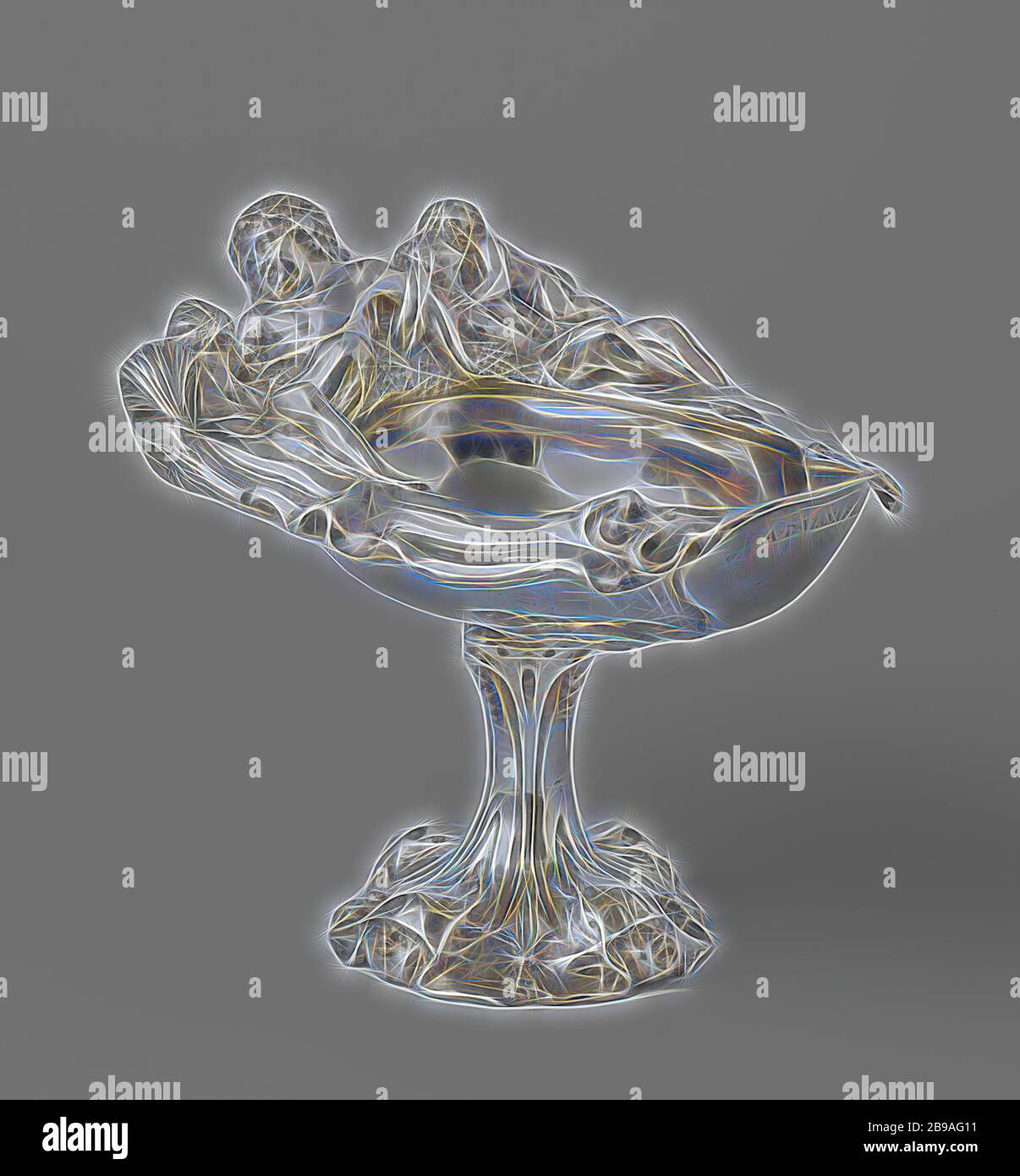 Tazza (footed drinking cup), Driven silver coupe, Driven silver coupe. The asymmetrical cuppa is decorated with lobster ornament. On the edge the figures of Bacchus, Ceres and Venus with Amor, auricular ornament, lobe style, ornament, (story of) Bacchus (Dionysus), Liber, (story of) Ceres (Demeter), (story of) Venus (Aphrodite), (story of) Cupid, Amor (Eros), Adam van Vianen (I), Utrecht, 1621, silver (metal), h 15.6 cm × l 17.8 cm × w 13.9 cm, Reimagined by Gibon, design of warm cheerful glowing of brightness and light rays radiance. Classic art reinvented with a modern twist. Photography ins Stock Photo