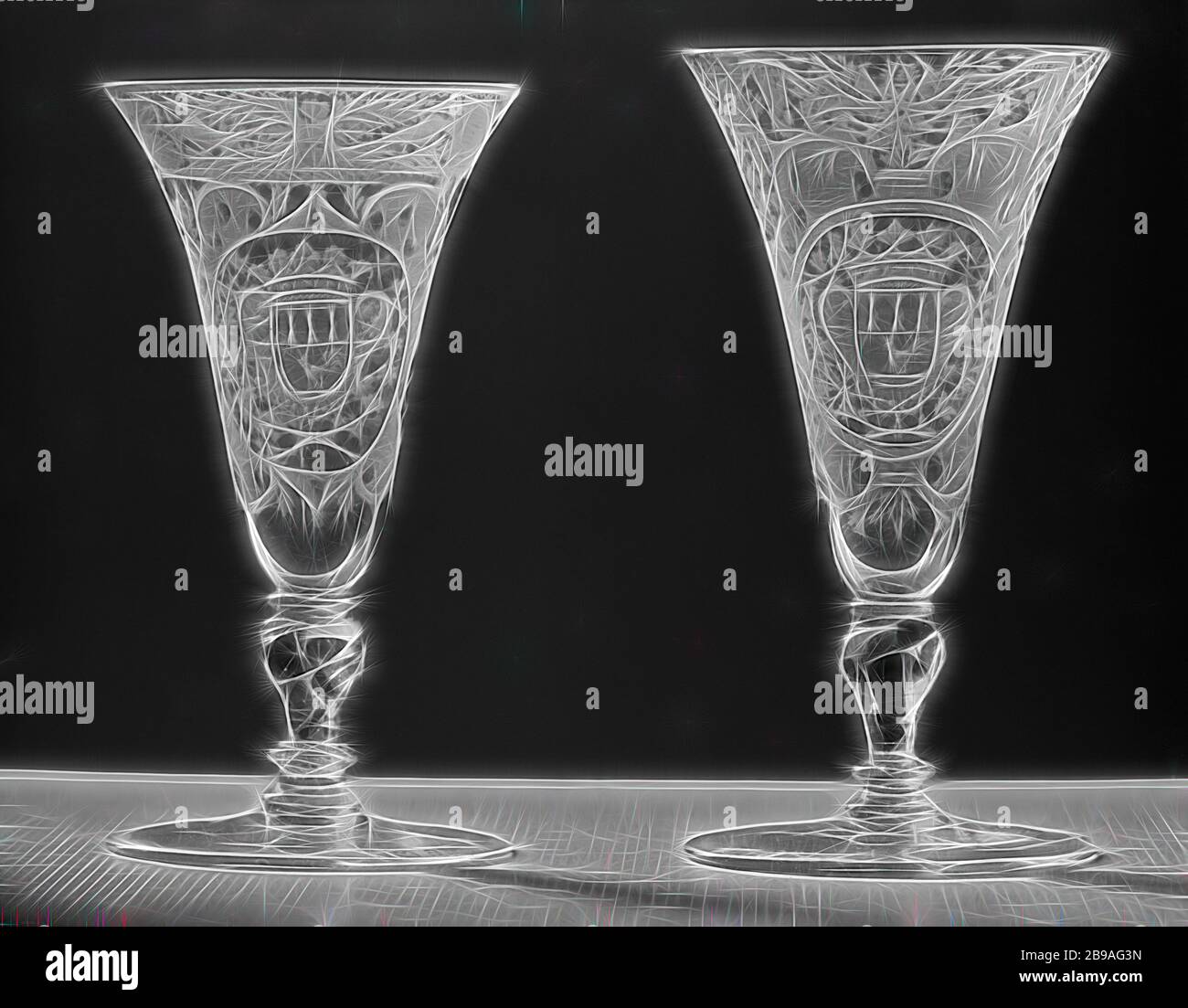Chalice with the arms of the Van Beuningen family, Chalice made of clear, colorless glass. Flat foot. The twisted, baluster-shaped trunk has a red spiral, a bubble and three mereses. The trumpet-shaped bowl has a rounded bottom. On the chalice, in a cartouche consisting of volutes with matted surfaces with dots and circles, surrounded by leafwork, is an oval medallion with the crowned family crest Van Beuningen, flanked by two branches that are tied together at the bottom. Along the mouth edge a band with symmetrical leafwork and flower sprays and two pigeons between a serrated edge and a styl Stock Photo