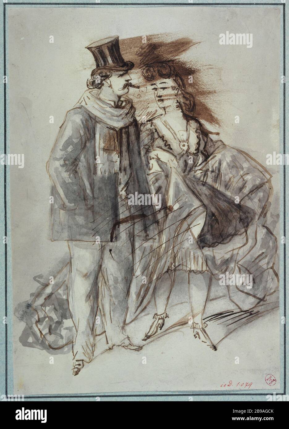 A woman accosting a passing Constantin Ernest Adolphe Hyacinthe Guys (1802-1892), dessinateur et peintre français. Une femme accostant un passant. Plume, encre brune, lavis gris. Paris, musée Carnavalet. Stock Photo