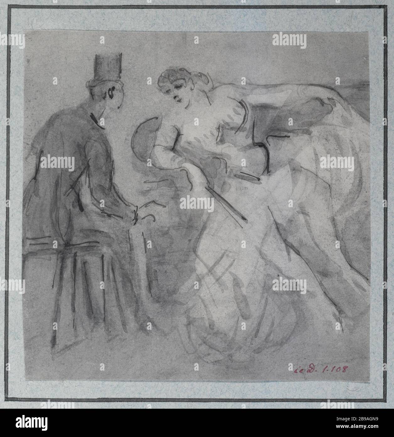 MAN HELD IN CITY WITH CAUSING A GIRL SITTING ON A COUCH Constantin Guys (1802-1892). 'Un homme en tenue de ville causant avec une fille assise sur un divan'. Dessin. Paris, musée Carnavalet. Stock Photo