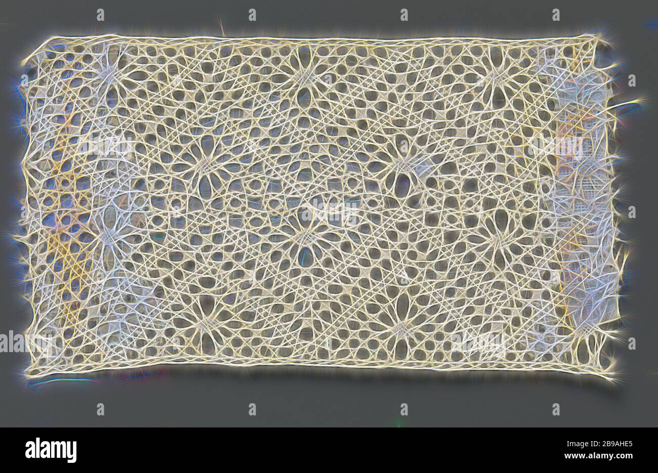 Bobbin-lace insert with two zigzag lines, Natural-colored bobbin lace strip: lace-up. The repeating pattern consists of two parallel zigzag paths with a center line of concatenated fine diamonds made in form. At the top and bottom of the zigzag webs, a sling is used, and between the zigzag webs a twisted cross-streaked soil is used. There are pointed oval spots in the grounds. The top and bottom of the strip are finished straight., anonymous, Russia (possibly), c. 1900, linen (material), torchon lace, l 8 cm × w 4.5 cm ×, 2.6 cm, Reimagined by Gibon, design of warm cheerful glowing of brightne Stock Photo