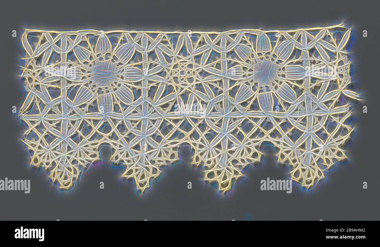 Strip of bobbin lace with flower or star in square with pointed scallop, Strip of natural-colored bobbin lace, Cluny lace. The repeating pattern consists of a cut-away square, in which alternately there is a star or a flower with eight points or eight petals. A triangle hangs below the vertical sides of each square. The consecutive triangles form a scallop edge, which is finished with drop-shaped lobes made with painted pigtails. The motifs and lines in the pattern are largely made in form, with two, three or seven ribs. Different connections are made with picotated braids. The circular flower Stock Photo