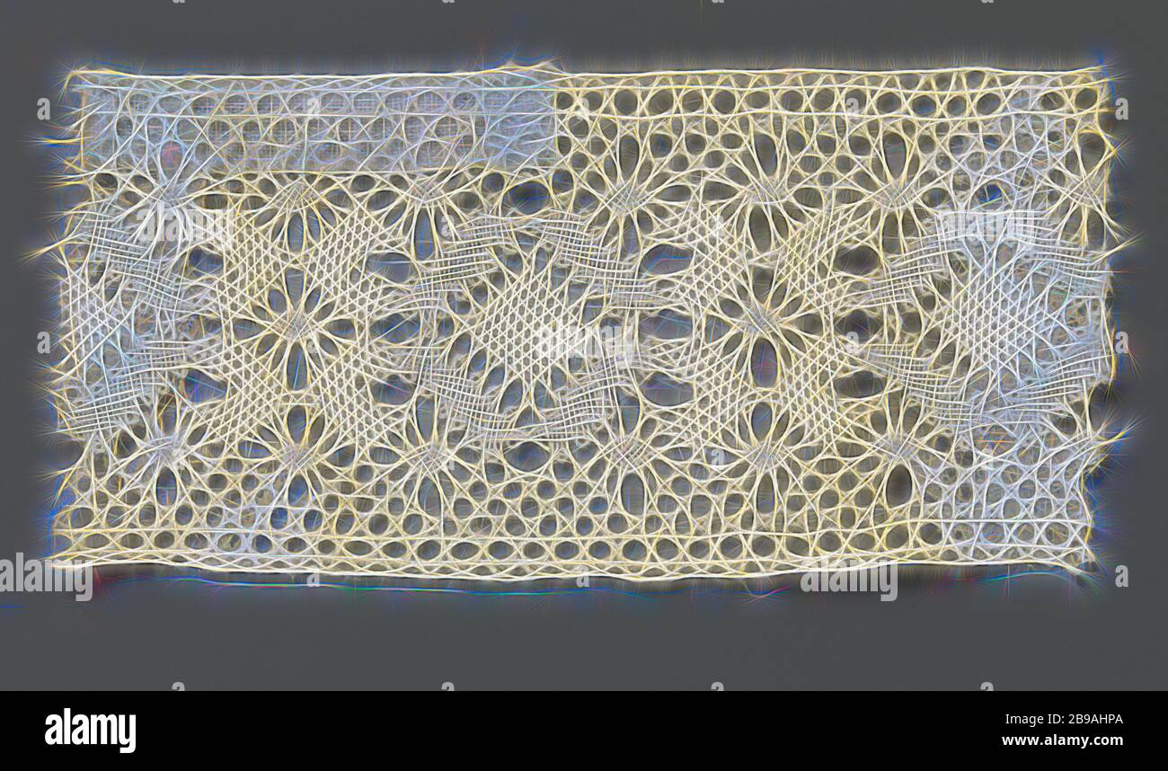 Spacer of spool lace with a row of diamonds surrounded by pointed ovals, Strip of natural spool lace: lace. The repeating pattern consists of a row of diamonds surrounded by pointed ovals. The diamonds are made in net stroke with a line in linen stroke on each side with a break at the points. The motifs are connected to each other along the underside and the top of the strip by a straw-ray grid. The top and bottom of the strip are finished straight., anonymous, Russia, c. 1900 - c. 1924, linen (material), torchon lace, l 8 cm × w 3.8 cm ×, 3.6 cm, Reimagined by Gibon, design of warm cheerful g Stock Photo