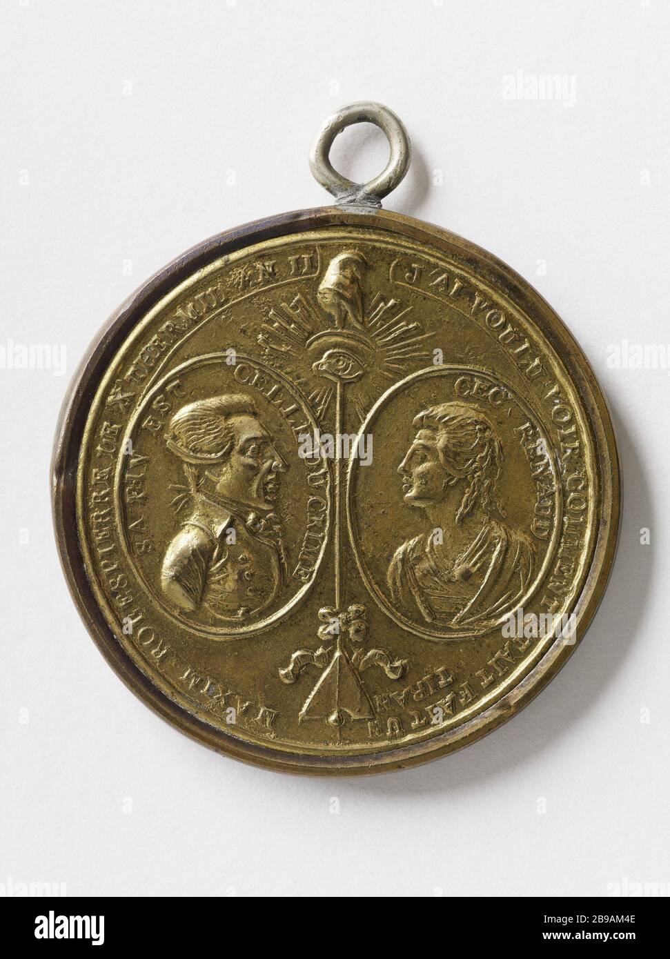 Maximilien Robespierre (1759-1794), member of the Constituent Assembly (1789-1791), member of the National Convention (1792-1794), and Cecile Renault (1774-1794), 1794 Maximilien Robespierre (1759-1794), député à l'Assemblée constituante (1789-1791), député à la Convention nationale (1792-1794), et Cécile Renault (1774-1794), 1794. Cuivre doré, repoussé, fixé sur une âme d'étain et cerclé de laiton, 1794. Paris, musée Carnavalet. Stock Photo