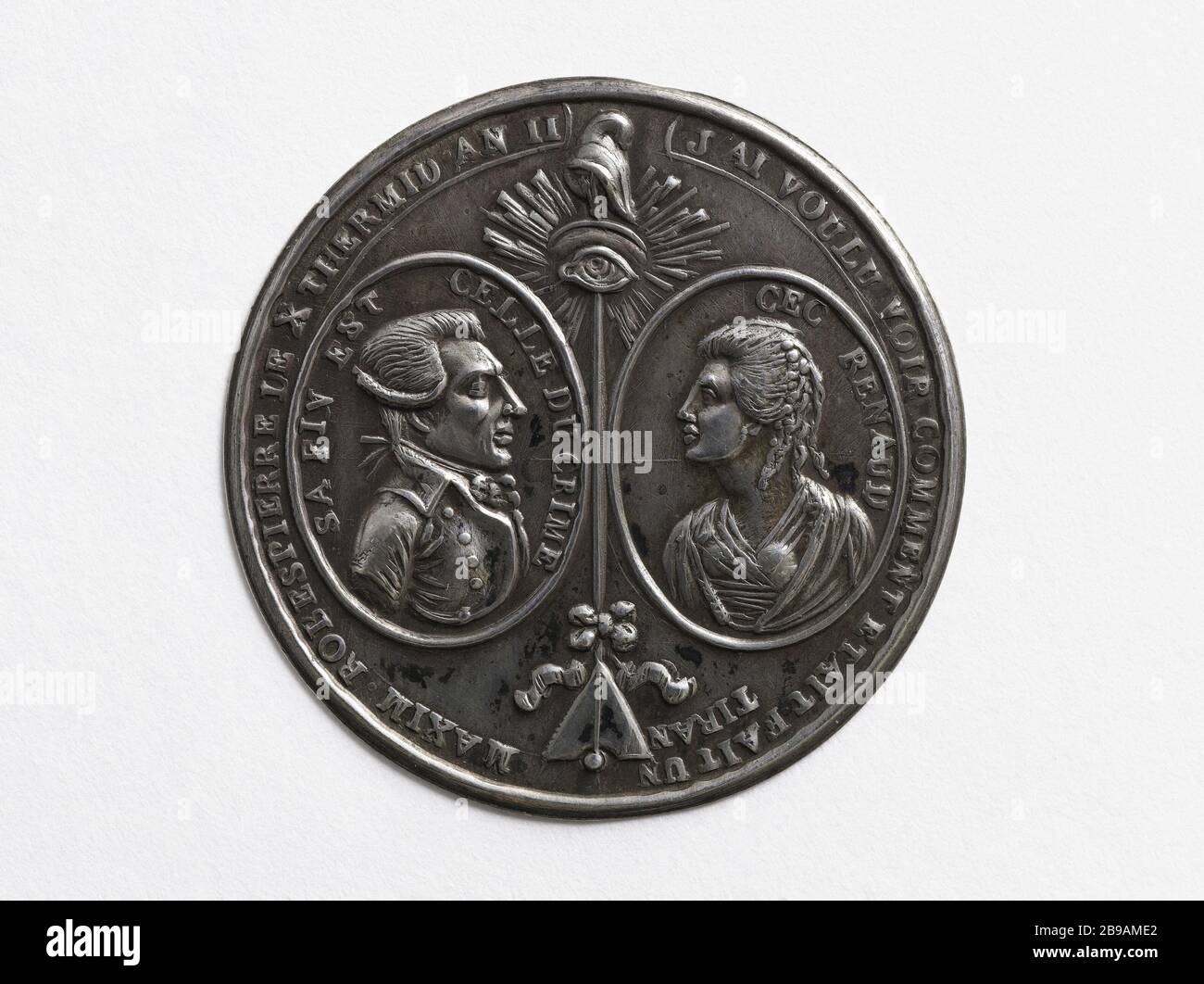 Maximilien Robespierre (1759-1794), member of the Constituent Assembly (1789-1791), member of the National Convention (1792-1794), and Cecile Renault (1774-1794), 1794 Maximilien Robespierre (1759-1794), député à l'Assemblée constituante (1789-1791), député à la Convention nationale (1792-1794), et Cécile Renault (1774-1794), 1794. Etain, repoussé, 1794. Paris, musée Carnavalet. Stock Photo
