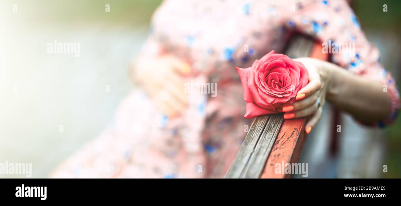 Pregnant woman touching bump whilst holding pink rose girl waiting Stock Photo