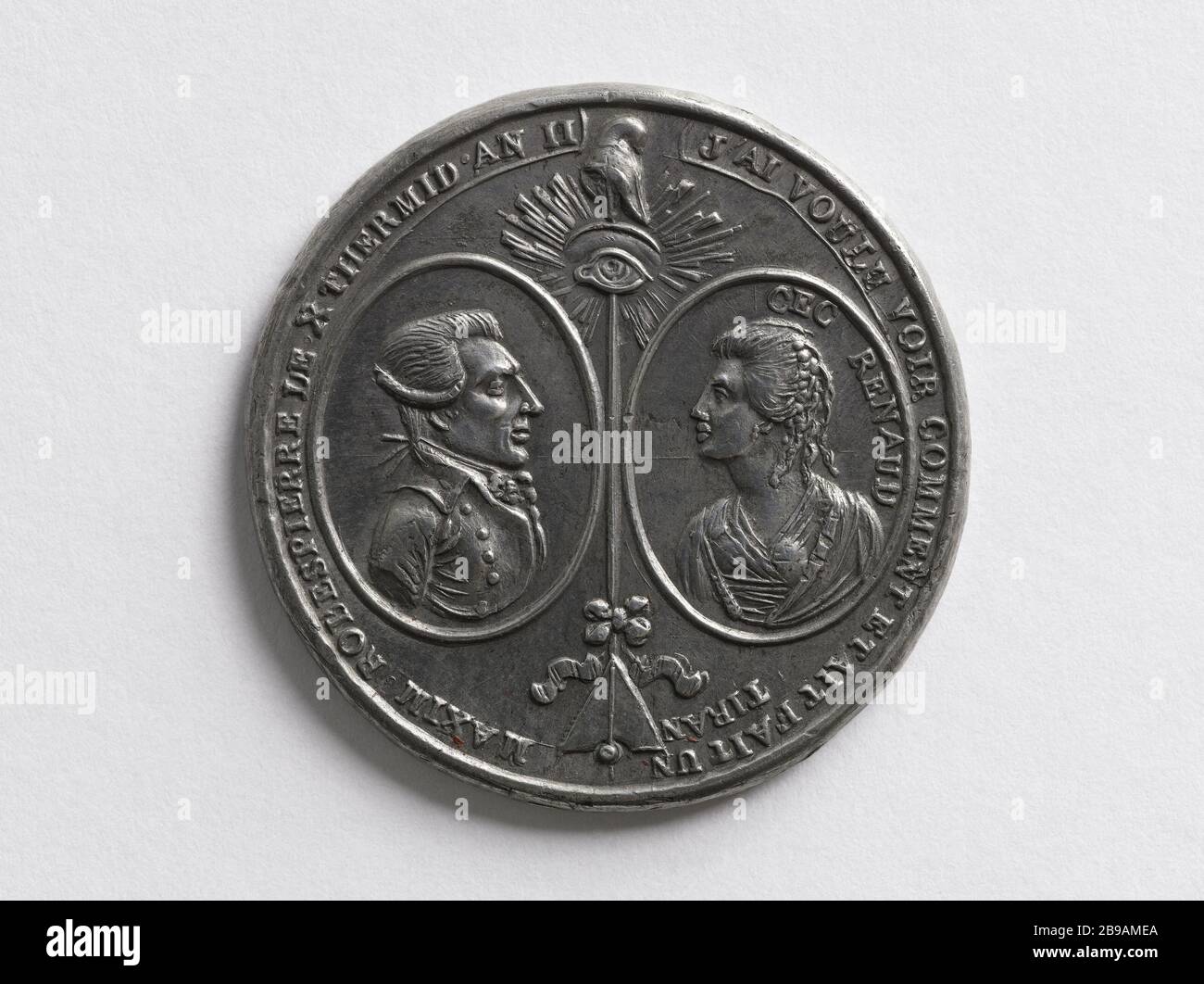 Maximilien Robespierre (1759-1794), member of the Constituent Assembly (1789-1791), member of the National Convention (1792-1794), and Cecile Renault (1774-1794), 1794 Maximilien Robespierre (1759-1794), député à l'Assemblée constituante (1789-1791), député à la Convention nationale (1792-1794), et Cécile Renault (1774-1794). Cuivre argenté, repoussé, 1794. Paris, musée Carnavalet. Stock Photo