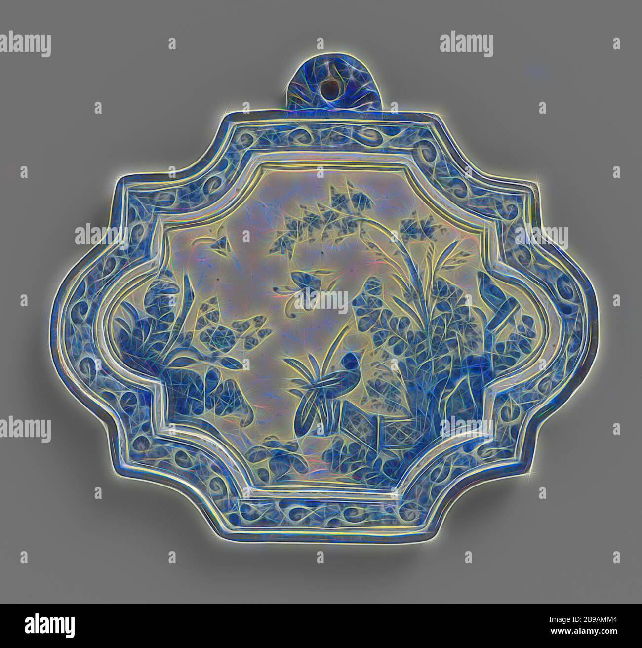 Plaque, Plate, Plate with chinoiserie decoration, faience plate with a chinoiserie decoration, birds, anonymous, Delft, c. 1725 - c. 1750, h 18.5 cm × w 24 cm, Reimagined by Gibon, design of warm cheerful glowing of brightness and light rays radiance. Classic art reinvented with a modern twist. Photography inspired by futurism, embracing dynamic energy of modern technology, movement, speed and revolutionize culture. Stock Photo