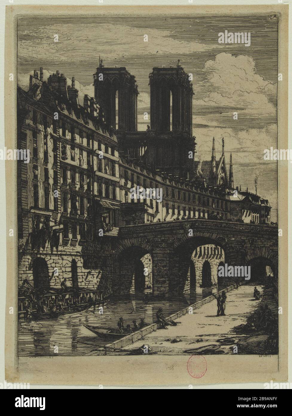 Gravure Originale Charles Meryon - Eau-forte "Passerelle Du Pont Au Change, Paris" - Période XIXe Siècle - Thème Paysage Urbain