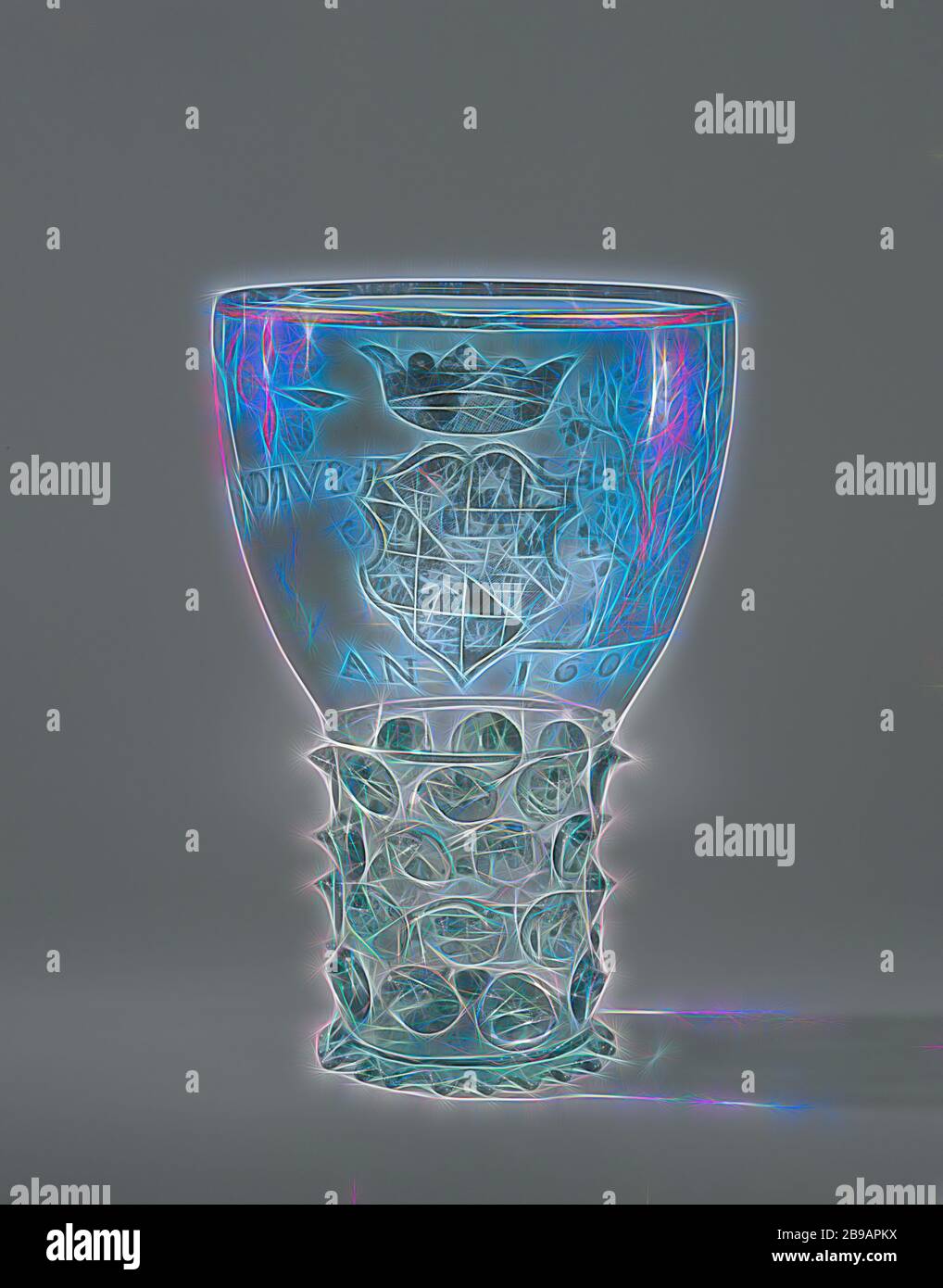 Roemer with the arms of Prince Maurits and the inscription: TANDEM.FIT. SVRCULUS ARBOR, Large rummer with stand ring pulled out in drops. Inserted bottom. The trunk, set with four staggered rows of buds, blown as a whole with the wide, slightly curved chalice. The transition from the stem to the chalice is indicated by a smooth wire. The chalice depicts the coat of arms of Prince Maurice in engraved gold gilt. Under the weapon 'AN 1606'. Next to the coat of arms a truncated tree, from which three shoots with orange cones sprout, on the other side of the crown a branch with three roses. On the Stock Photo