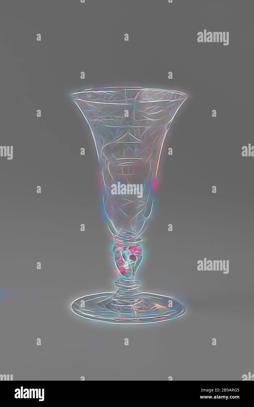 Goblet with the arms of the Van Beuningen family, Goblet of clear, colorless glass. Flat foot. The twisted, baluster-shaped trunk has a red spiral, a bubble and three mereses. The trumpet-shaped bowl has a rounded bottom. On the chalice, in a cartouche consisting of volutes with matted surfaces with dots and circles, surrounded by leafwork, is an oval medallion with the crowned family crest Van Beuningen, flanked by two branches that are tied together at the bottom. Along the mouth edge a band with symmetrical leafwork and flower sprays and two pigeons between a serrated edge and a stylized br Stock Photo