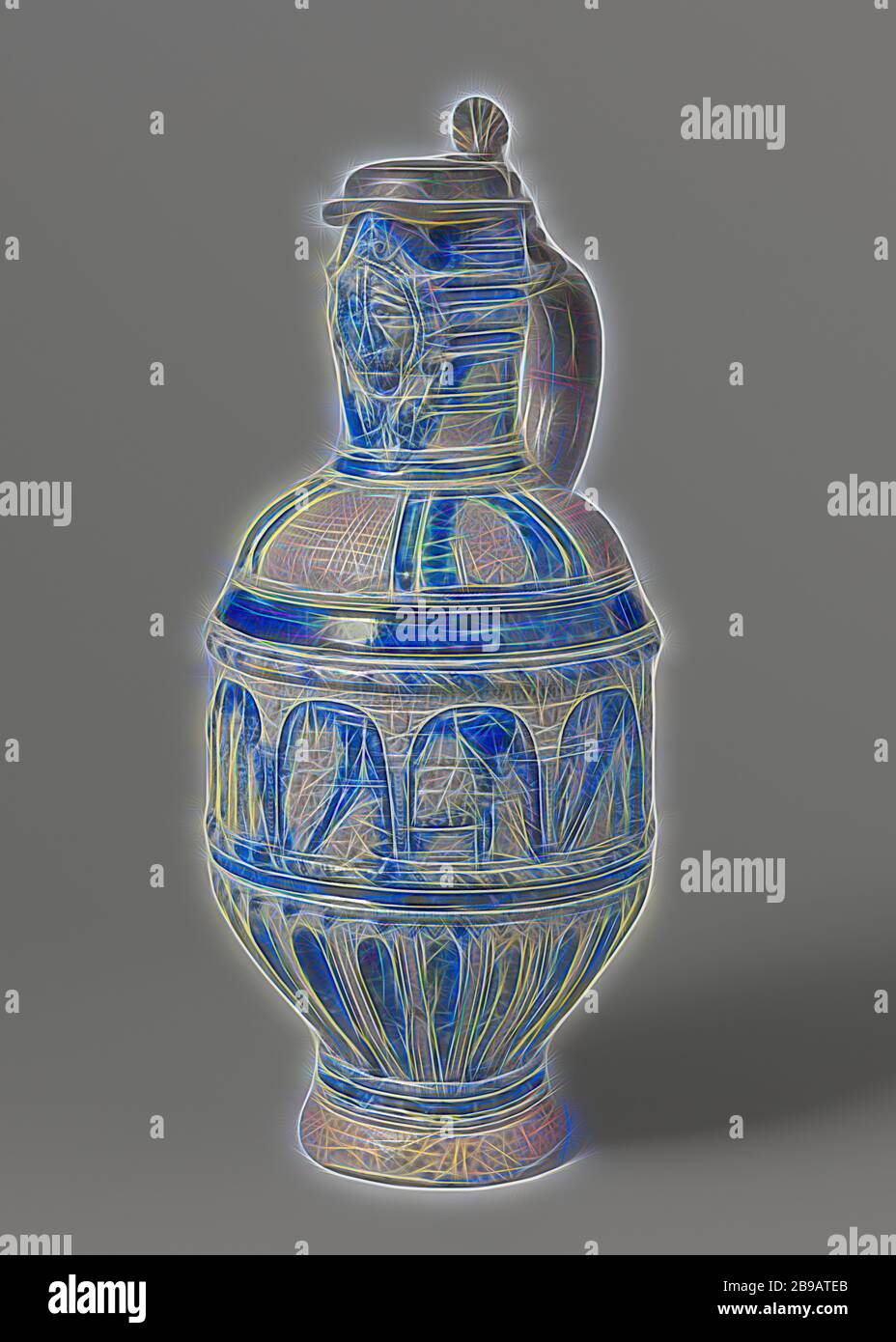 Jug with scenes from the life of Judith and Holofernes, Can of stoneware on high feet with a cylindrical body, round shoulder and narrow neck with pinched spout. The C-shaped ear is attached to the neck and shoulder. Profiles on the neck, abdomen and foot. Partially covered with cobalt blue. On the cylindrical part of the abdomen nine representations, of which the first three are double, from the life of Judith and Holofernes. In addition, a poorly readable inscription 'D: BVM.GBV TYTR: D: PK: DI: STAT: INVESTMENT: D: SCHLAF: DRVN: DEN HEAD: D: HEAD: HIR: AVS: D: AVS: D: BVM: GBV'. The lower p Stock Photo